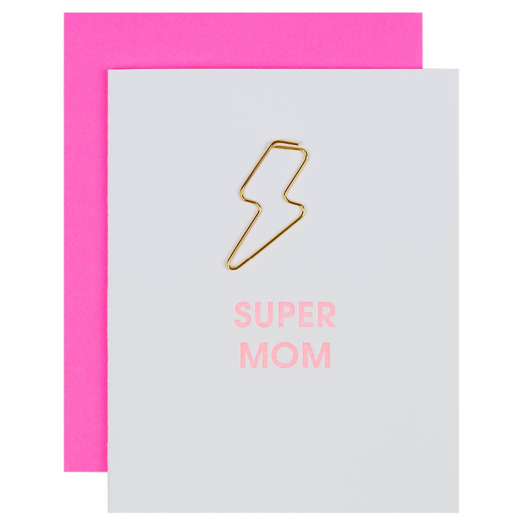 Super Mom - Lightning Bolt Letterpress Paper Clip Greeting Card - Mother's Day