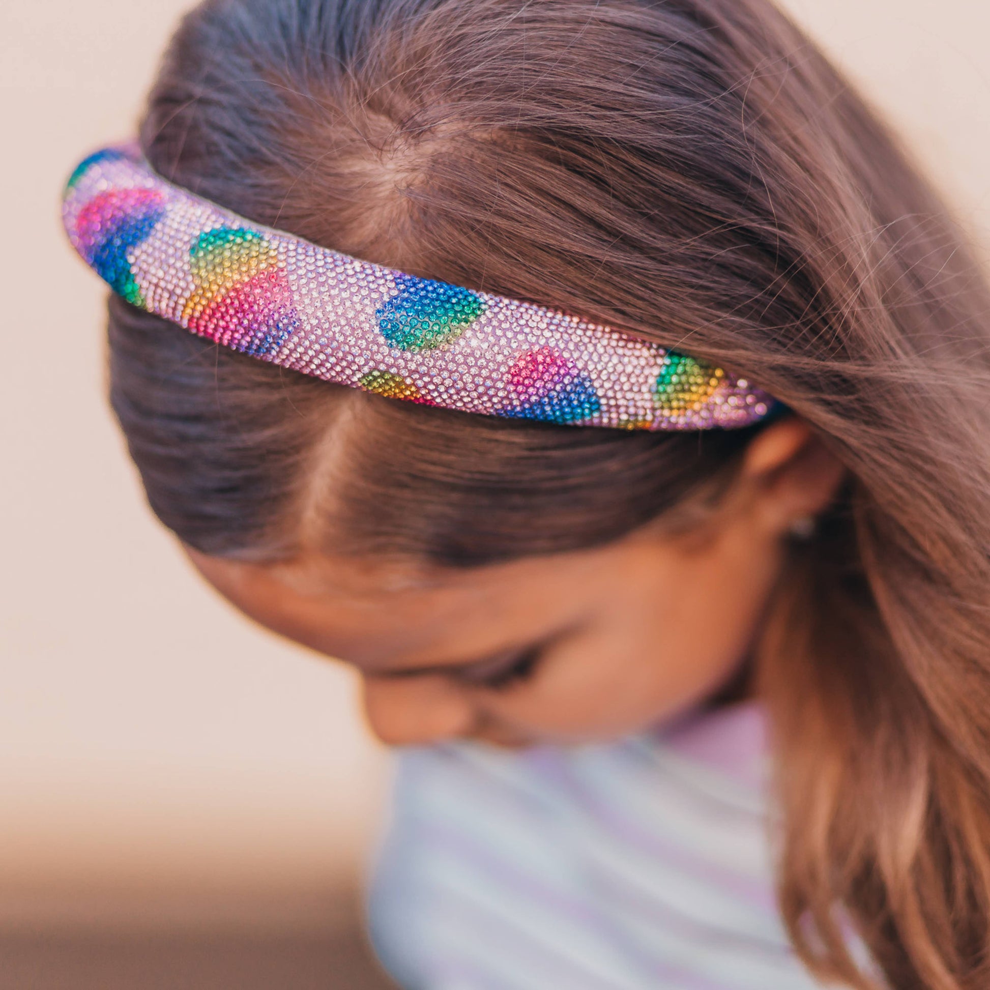 Kids Rhinestone Heart Headband | Pink with Rainbow Hearts