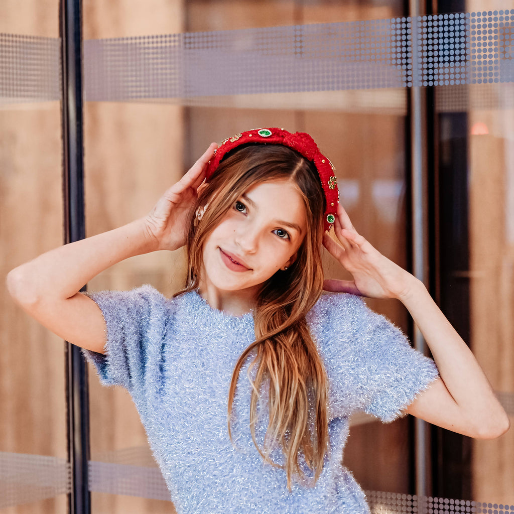Christmas Knot Headband - Embellished Tweed Rhinestone Pearl