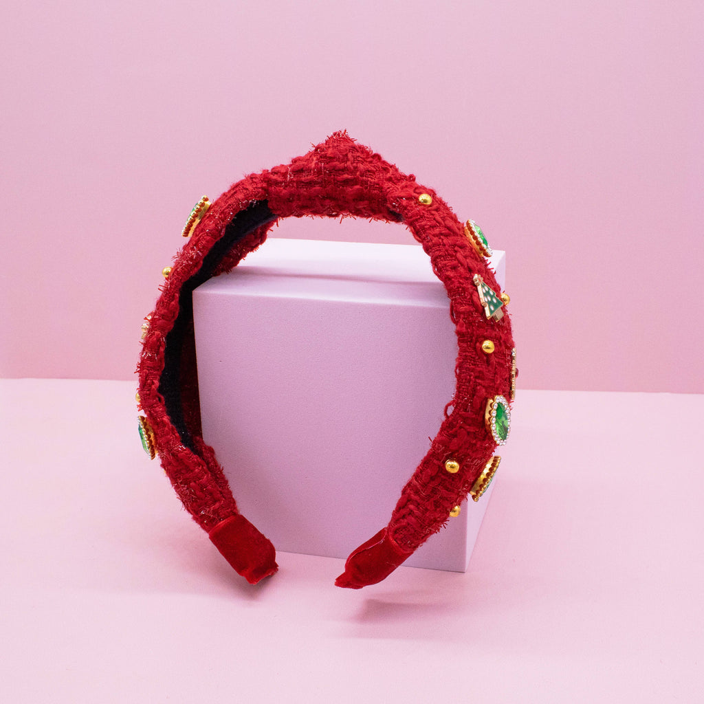 Christmas Knot Headband - Embellished Tweed Rhinestone Pearl