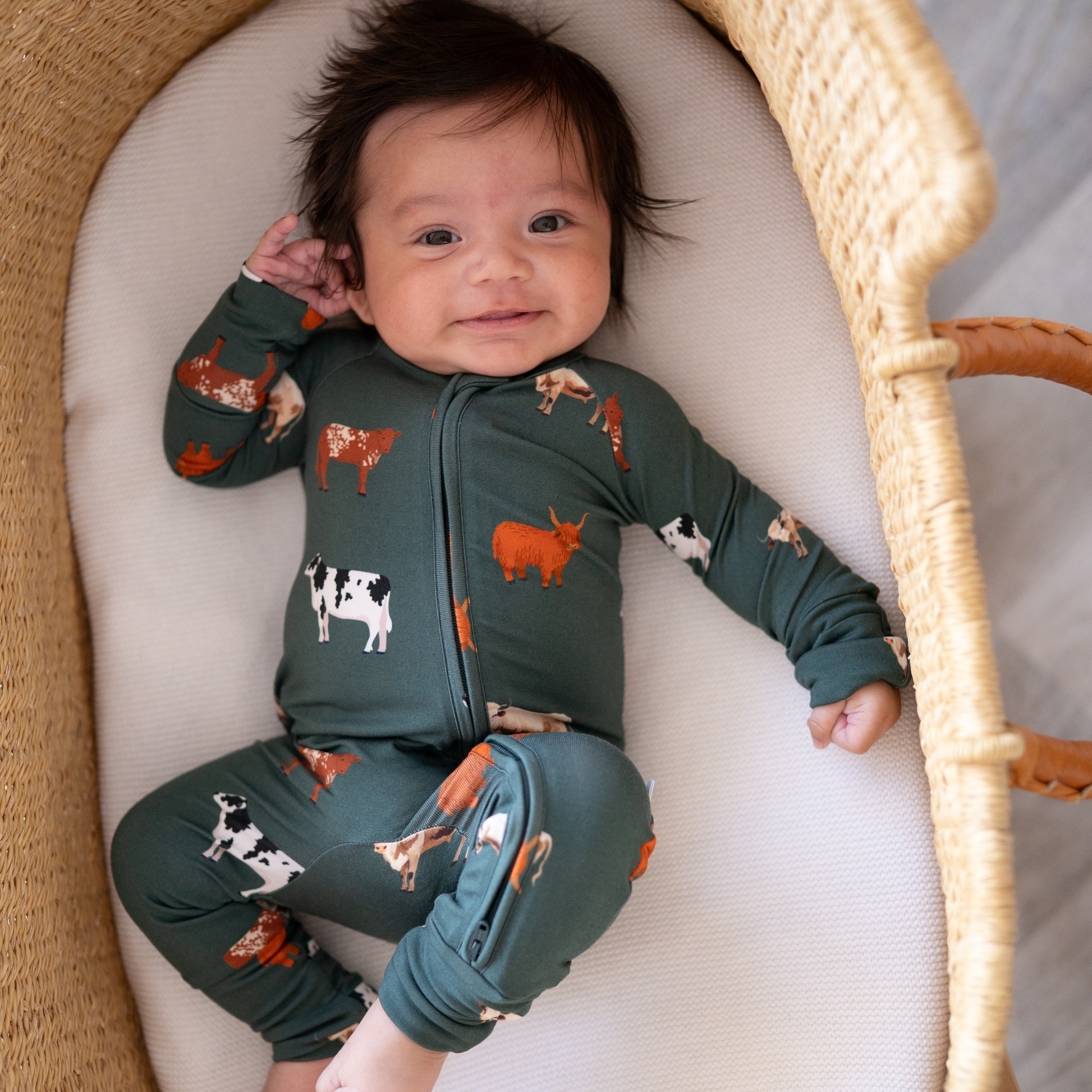 Bamboo 2-Way Convertible Zip Romper | Green Cow (0-24m)