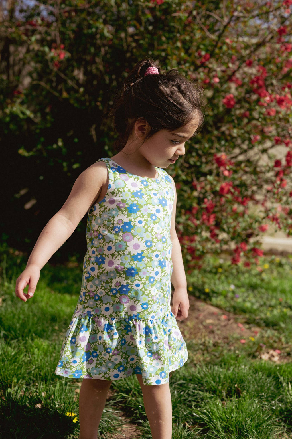 Blue + Green Flower Power Drop Waist Summer Dress for Girls
