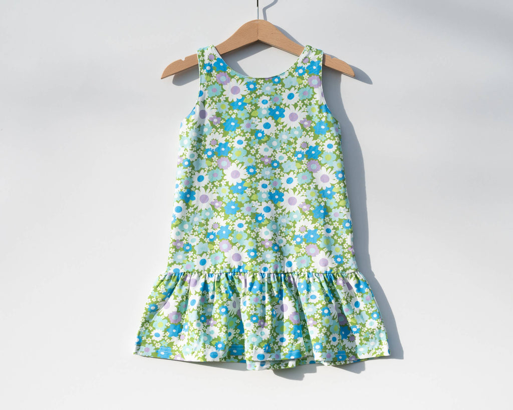 Blue + Green Flower Power Drop Waist Summer Dress for Girls