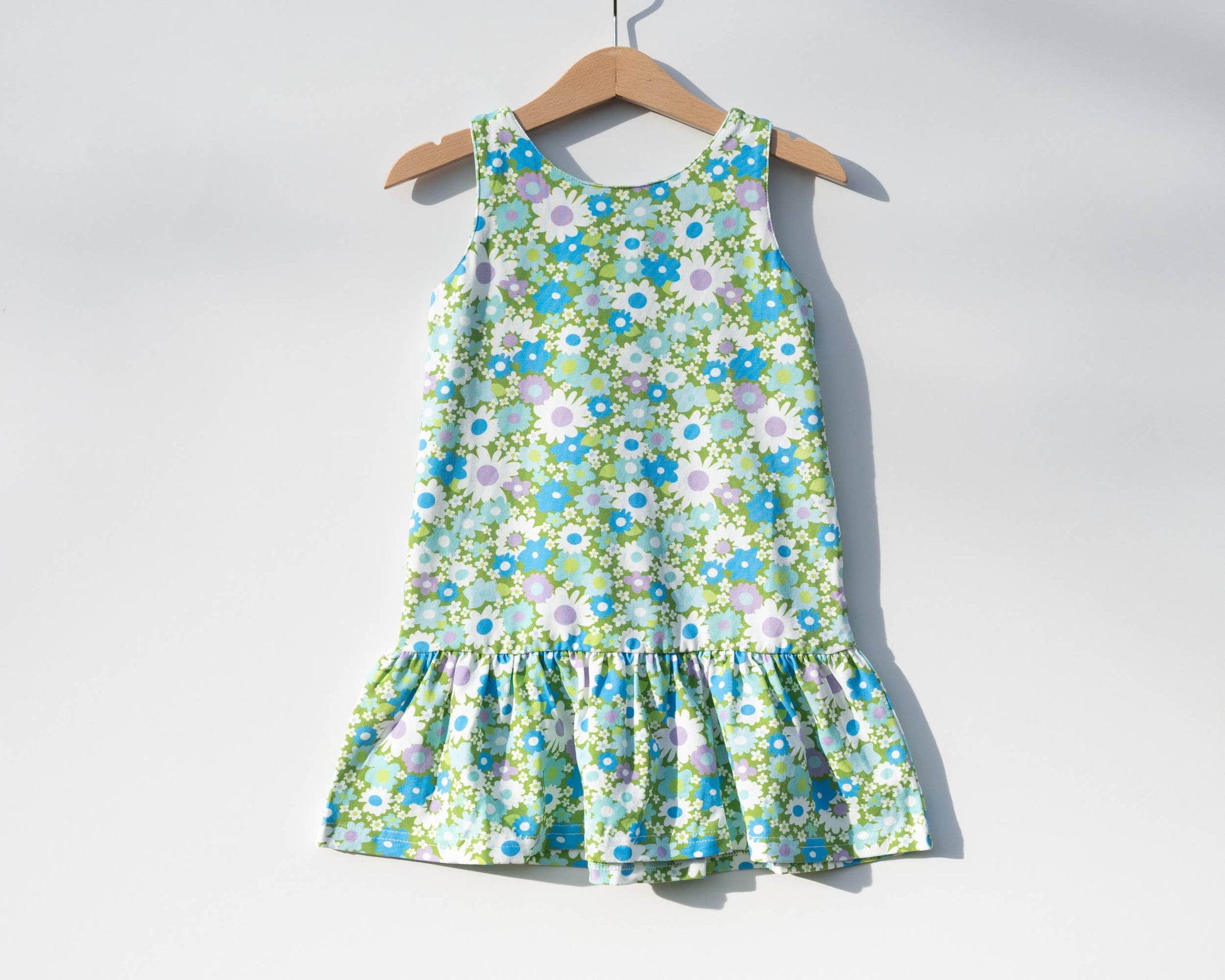 Blue + Green Flower Power Drop Waist Summer Dress for Girls