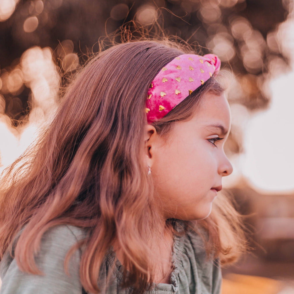 Kids Velvet Knot Headband | Pink with Gold Hearts