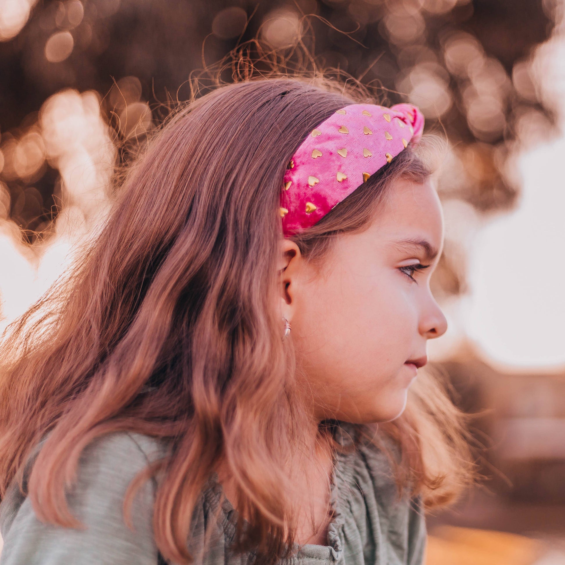 Kids Velvet Knot Headband | Pink with Gold Hearts