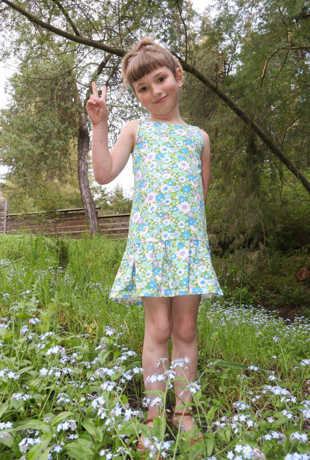 Blue + Green Flower Power Drop Waist Summer Dress for Girls