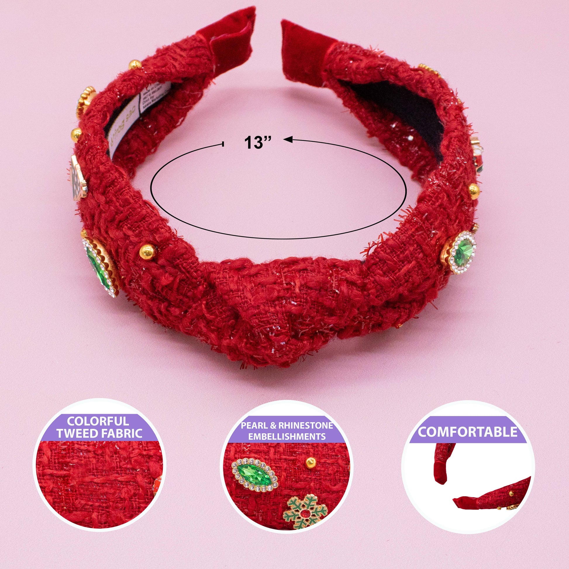 Christmas Knot Headband - Embellished Tweed Rhinestone Pearl