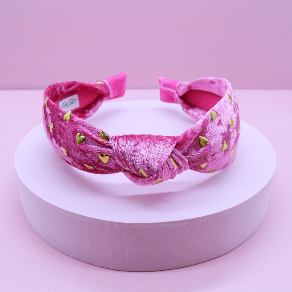 Kids Velvet Knot Headband | Pink with Gold Hearts