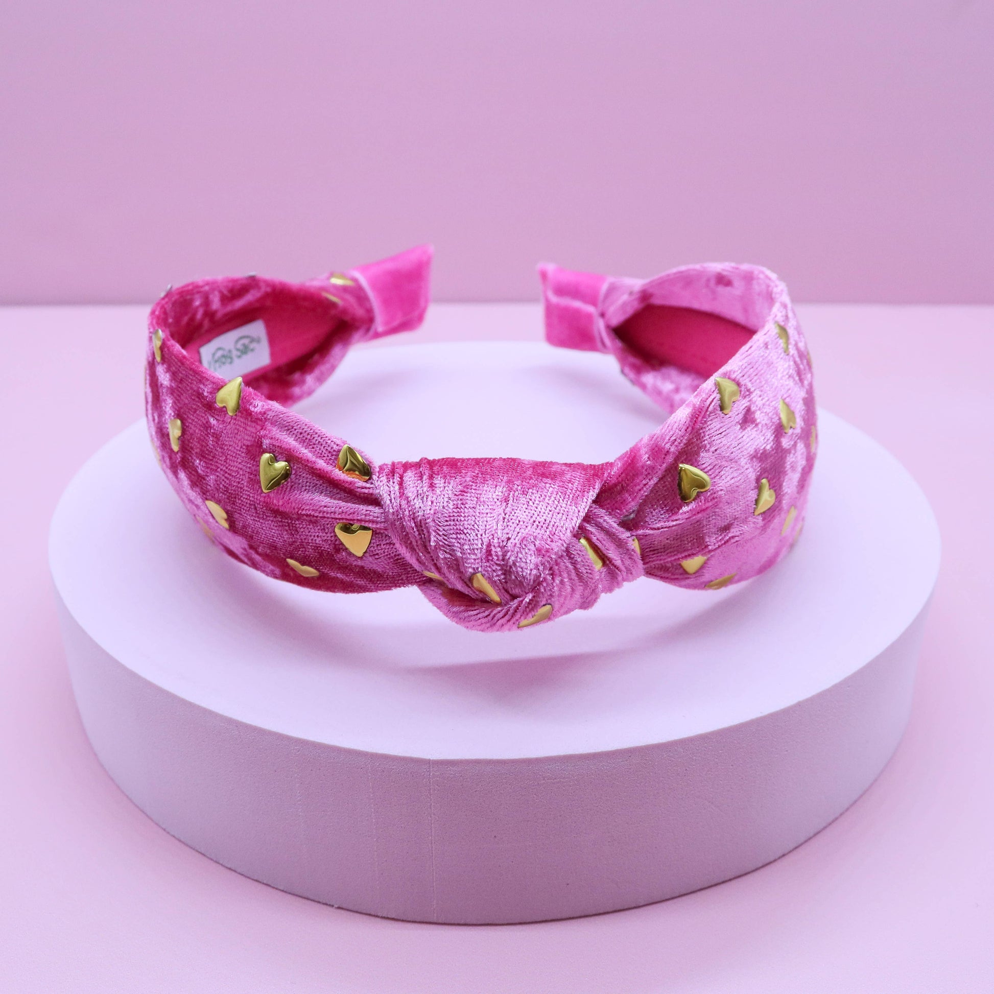 Kids Velvet Knot Headband | Pink with Gold Hearts