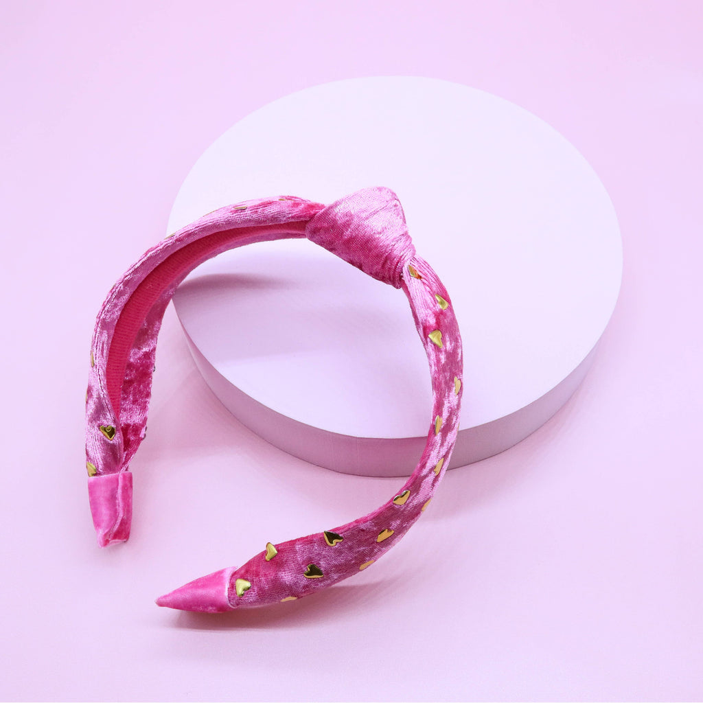 Kids Velvet Knot Headband | Pink with Gold Hearts