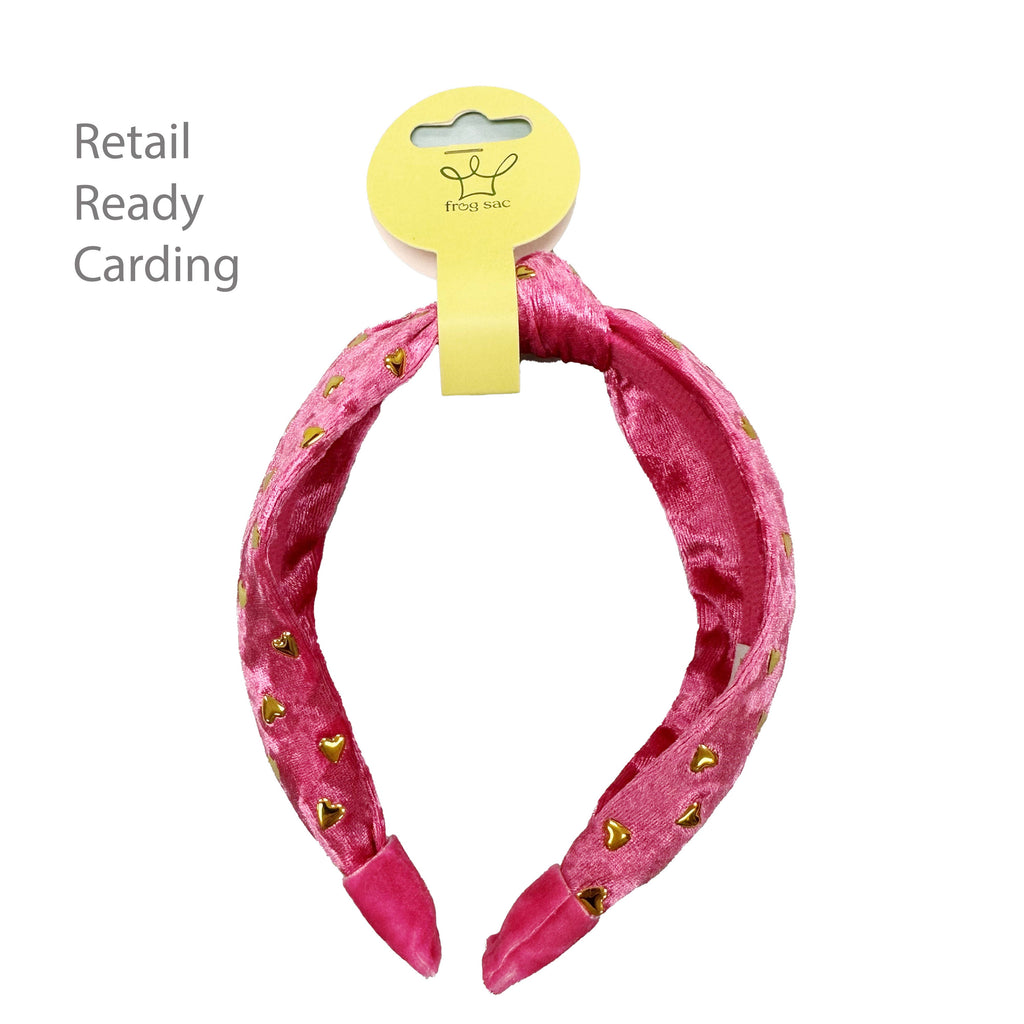Kids Velvet Knot Headband | Pink with Gold Hearts