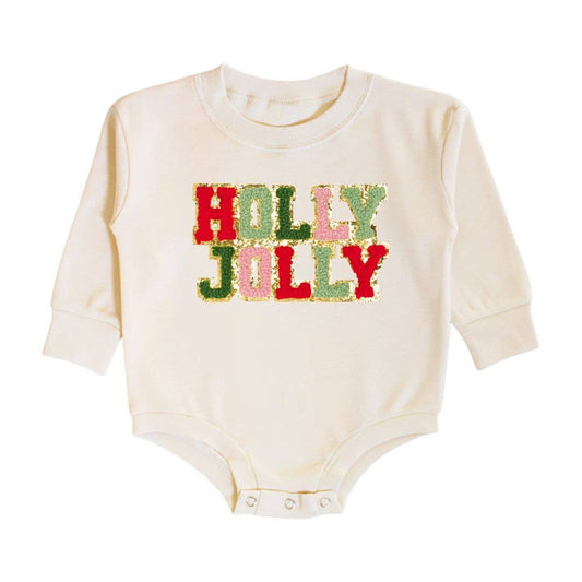 Holly Jolly Patch Christmas Long Sleeve Romper - Natural