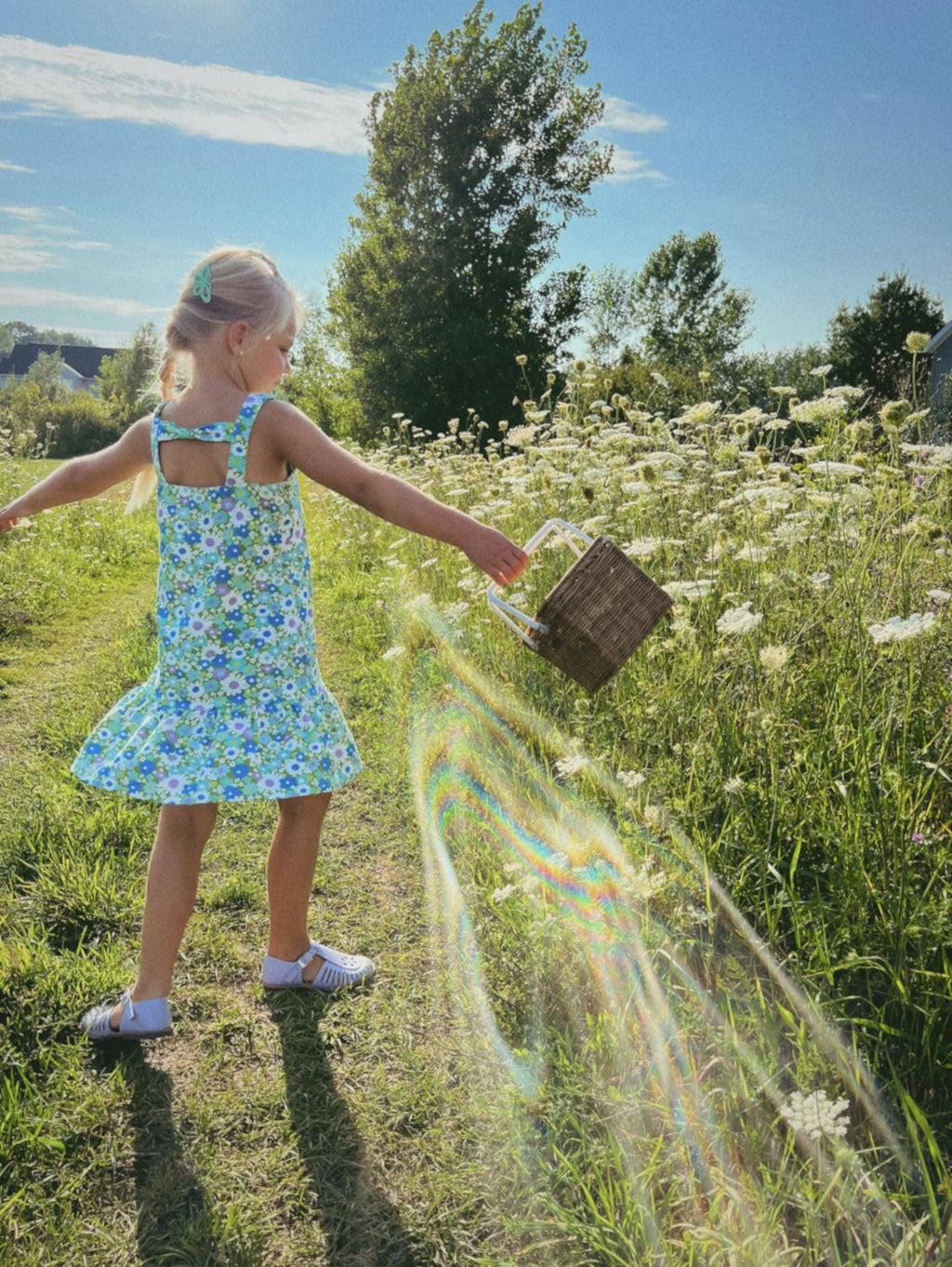 Blue + Green Flower Power Drop Waist Summer Dress for Girls