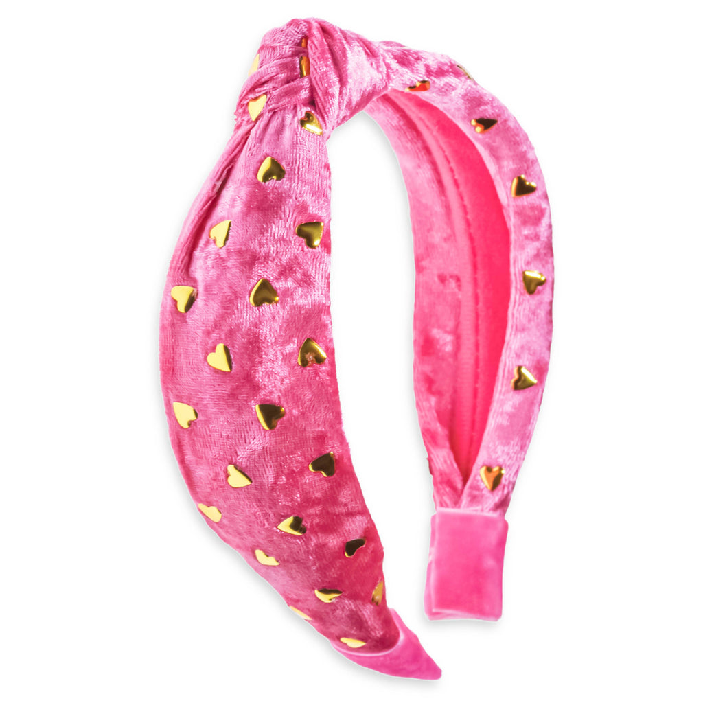 Kids Velvet Knot Headband | Pink with Gold Hearts