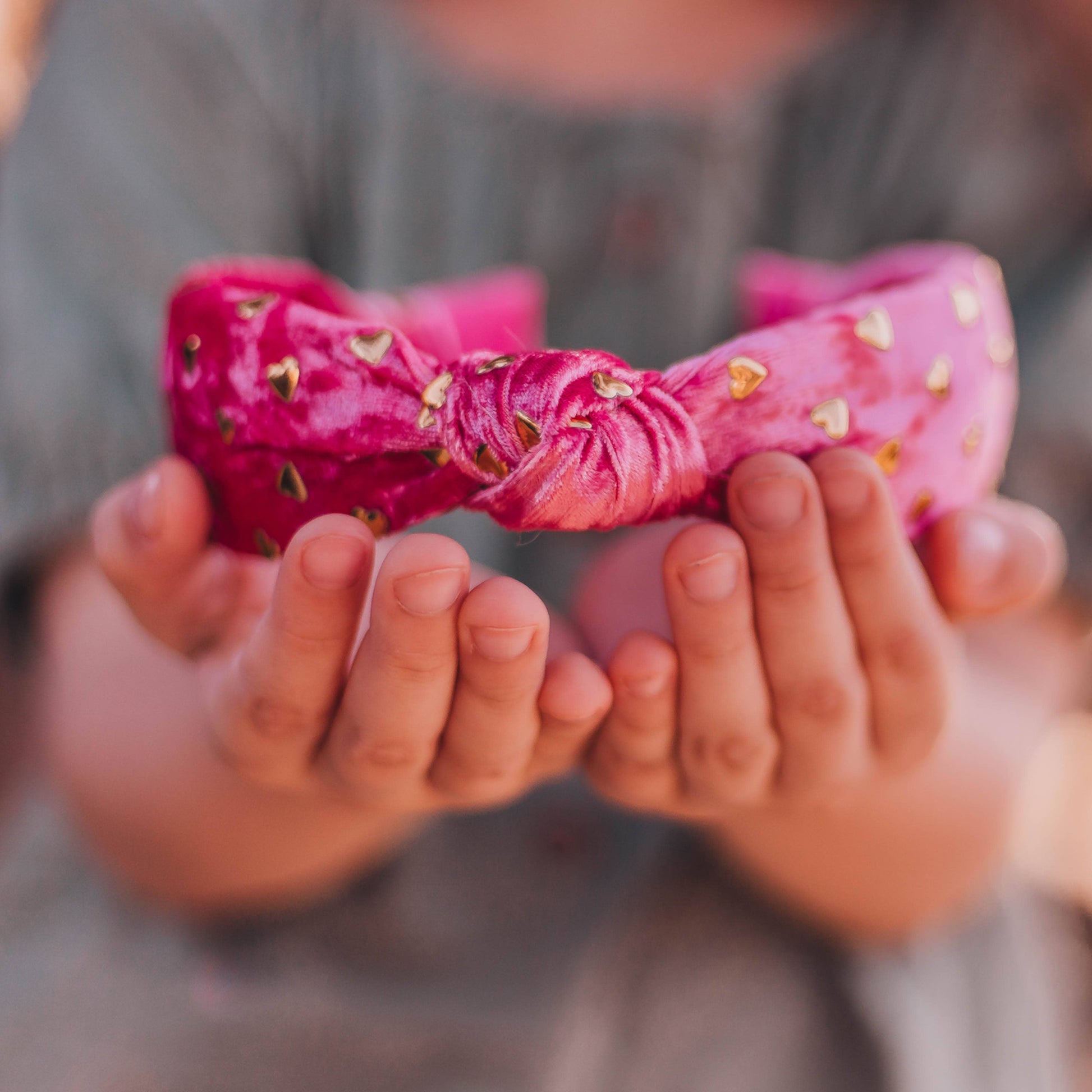 Kids Velvet Knot Headband | Pink with Gold Hearts