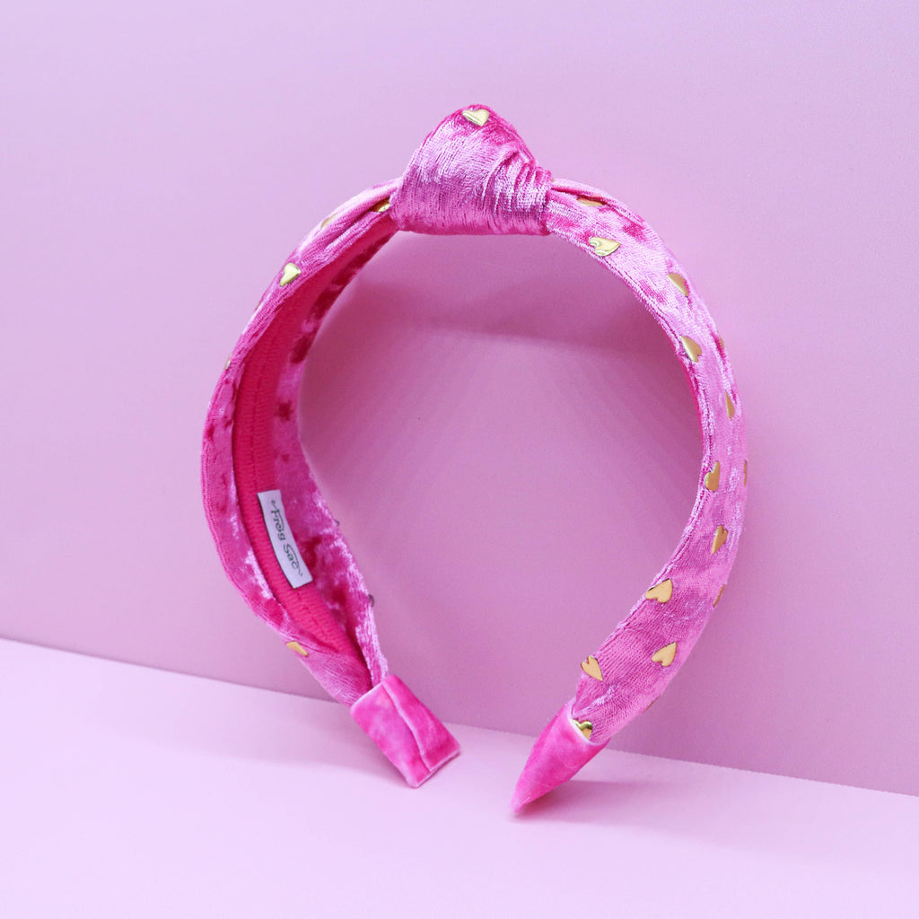 Kids Velvet Knot Headband | Pink with Gold Hearts