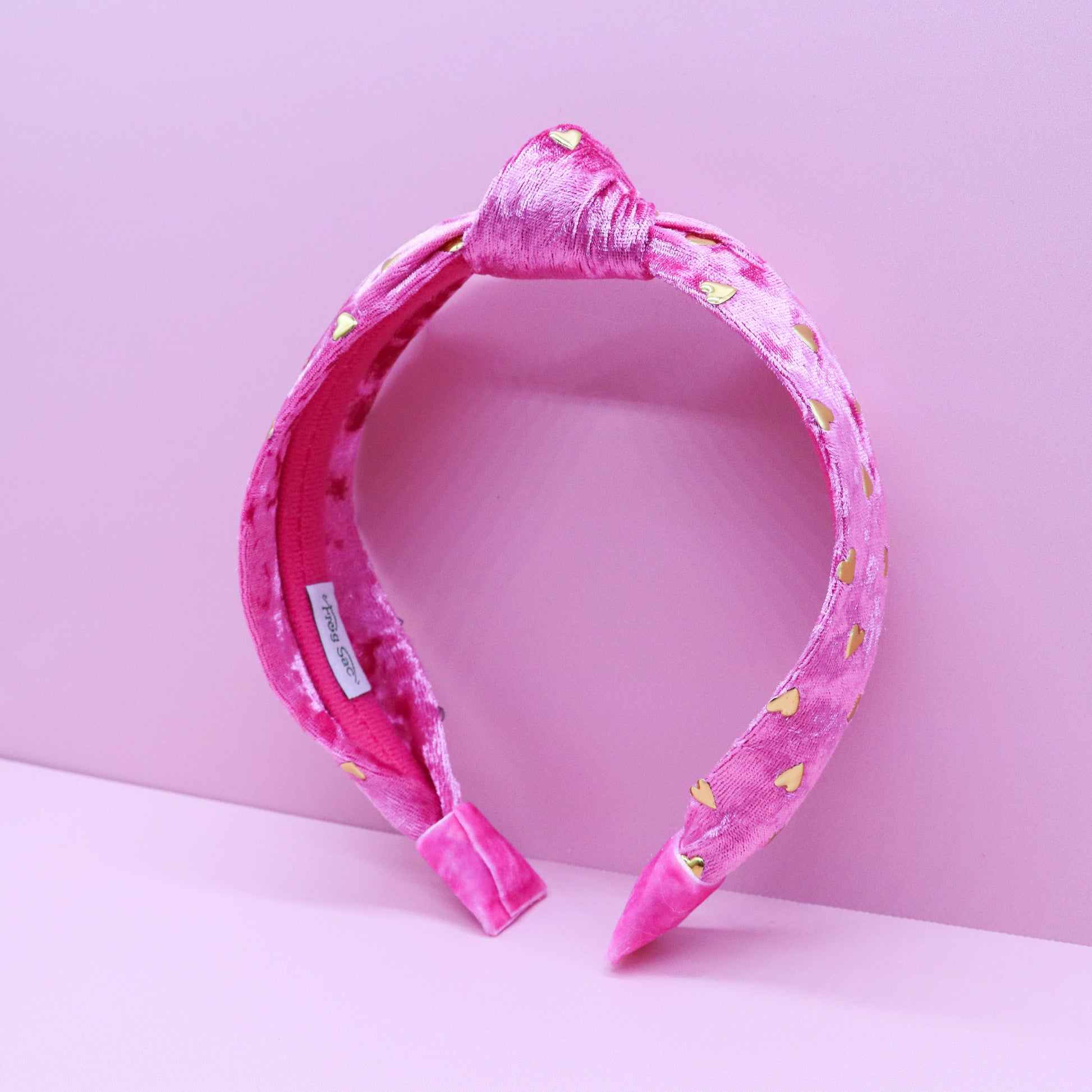Kids Velvet Knot Headband | Pink with Gold Hearts