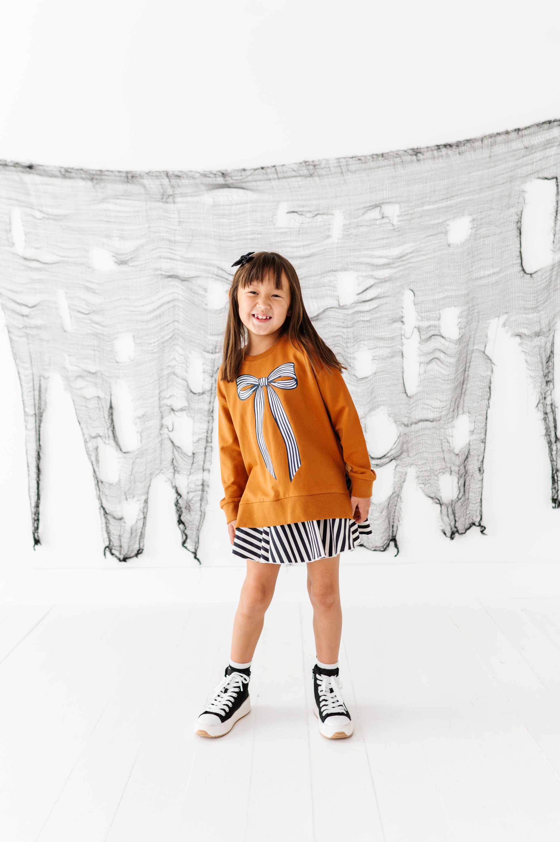 Striped Bow Side Split Sweatshirt