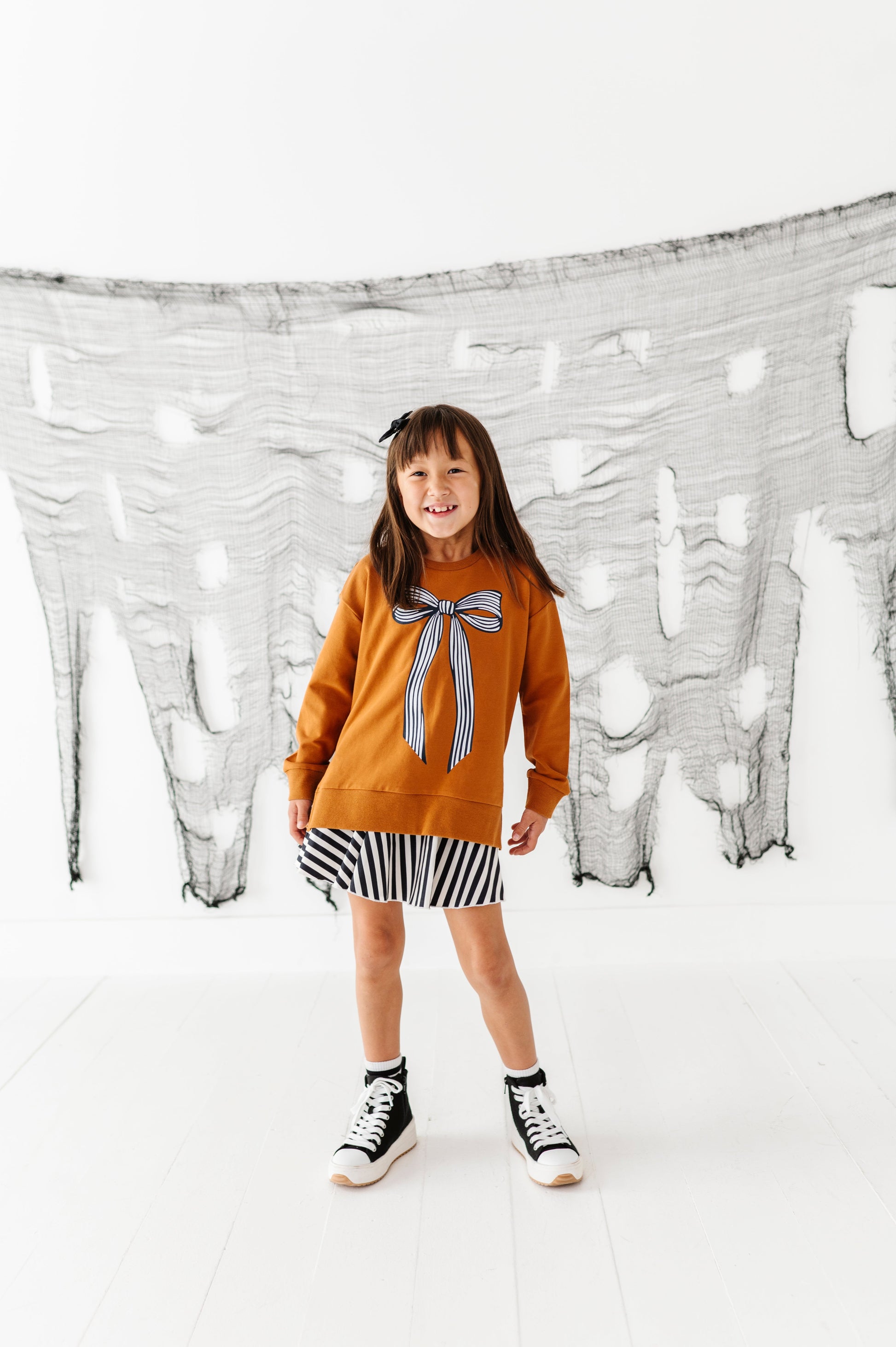 Striped Bow Side Split Sweatshirt