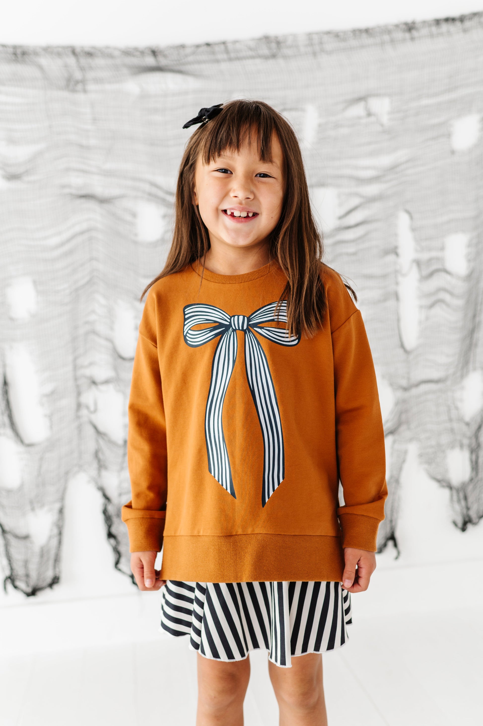 Striped Bow Side Split Sweatshirt