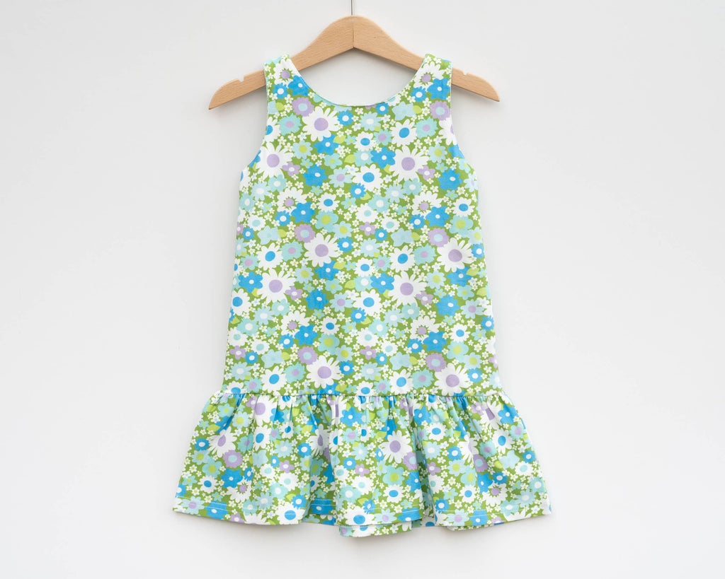 Blue + Green Flower Power Drop Waist Summer Dress for Girls
