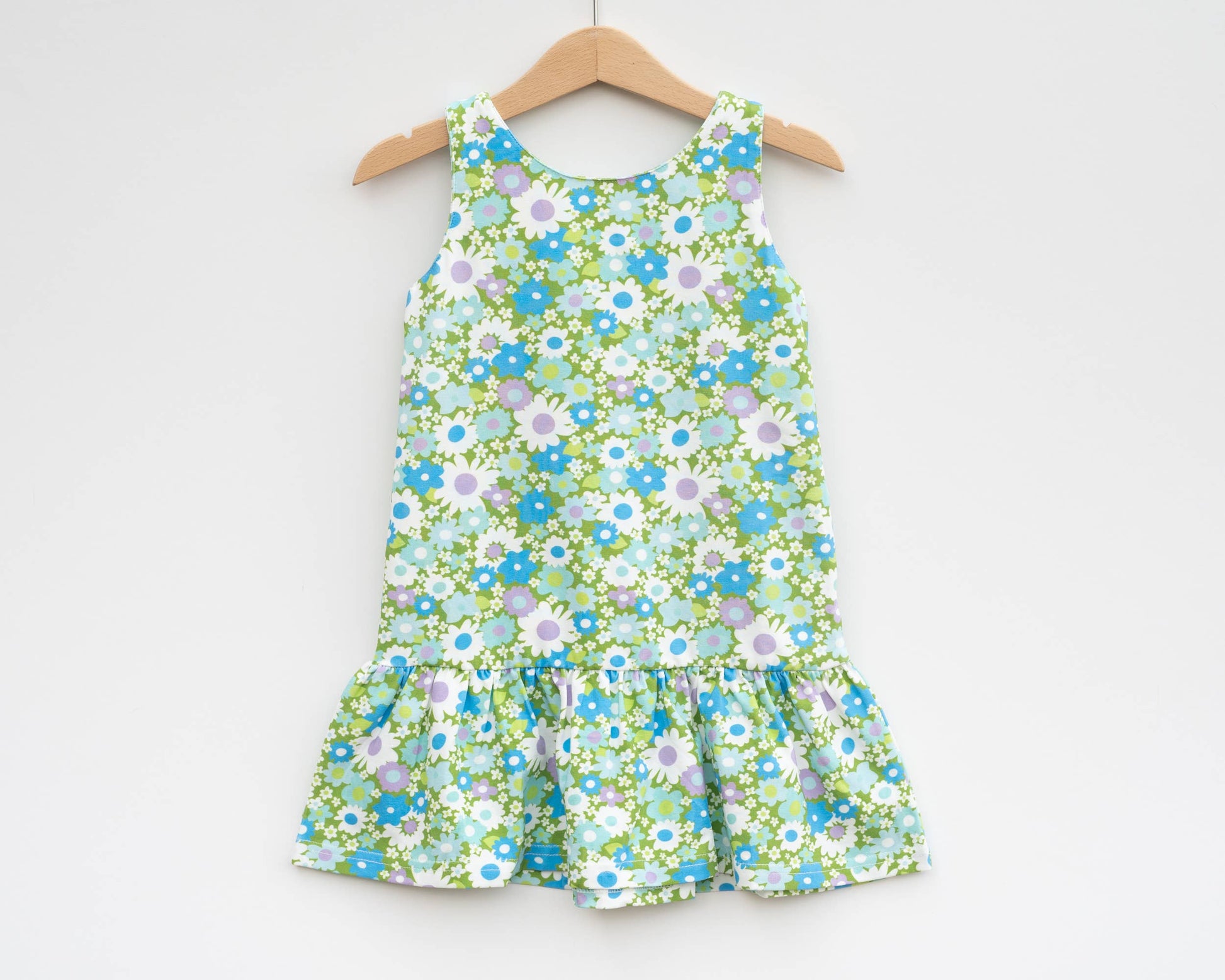 Blue + Green Flower Power Drop Waist Summer Dress for Girls
