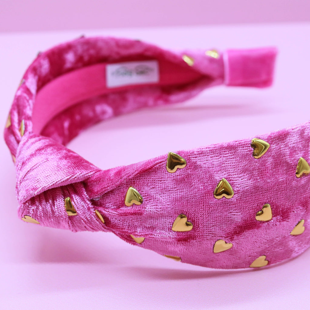 Kids Velvet Knot Headband | Pink with Gold Hearts