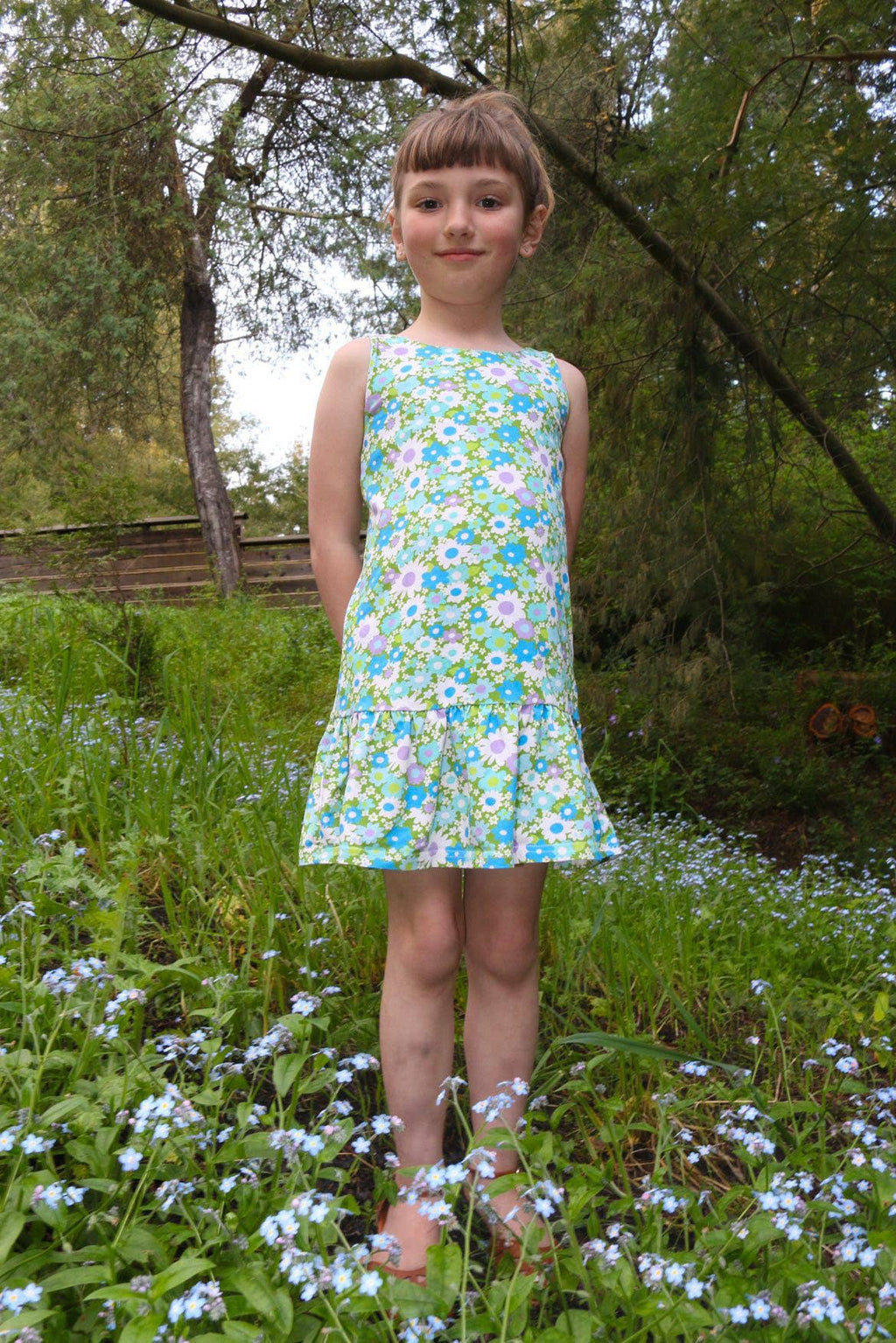 Blue + Green Flower Power Drop Waist Summer Dress for Girls