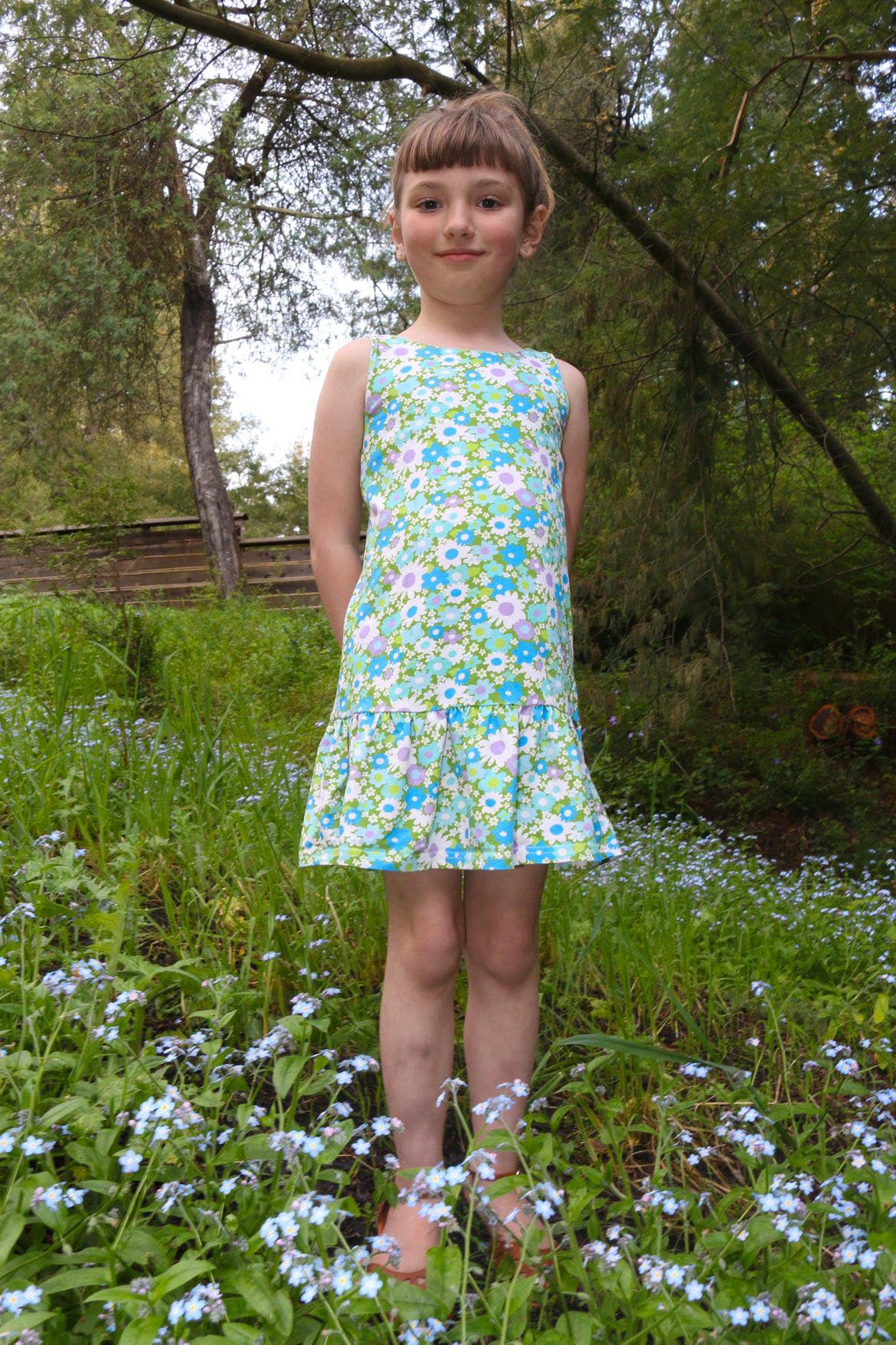 Blue + Green Flower Power Drop Waist Summer Dress for Girls