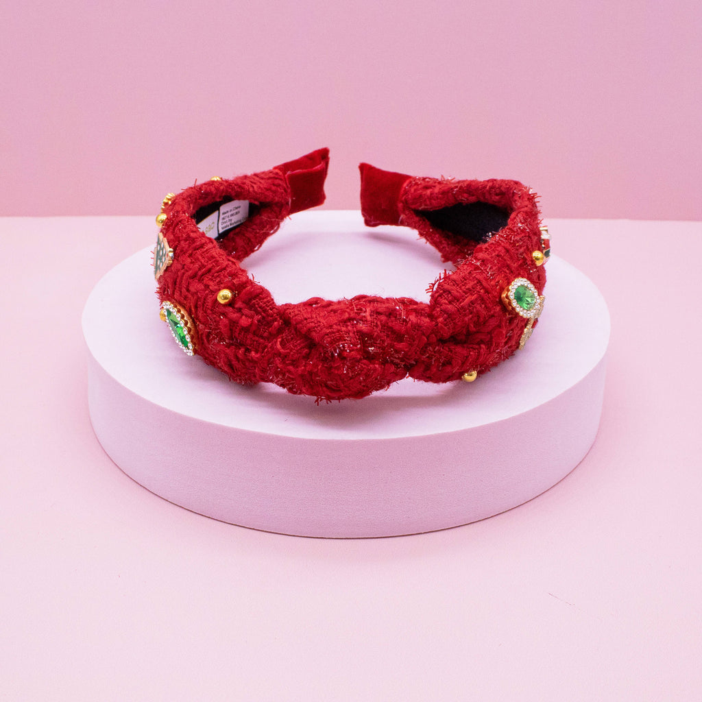 Christmas Knot Headband - Embellished Tweed Rhinestone Pearl