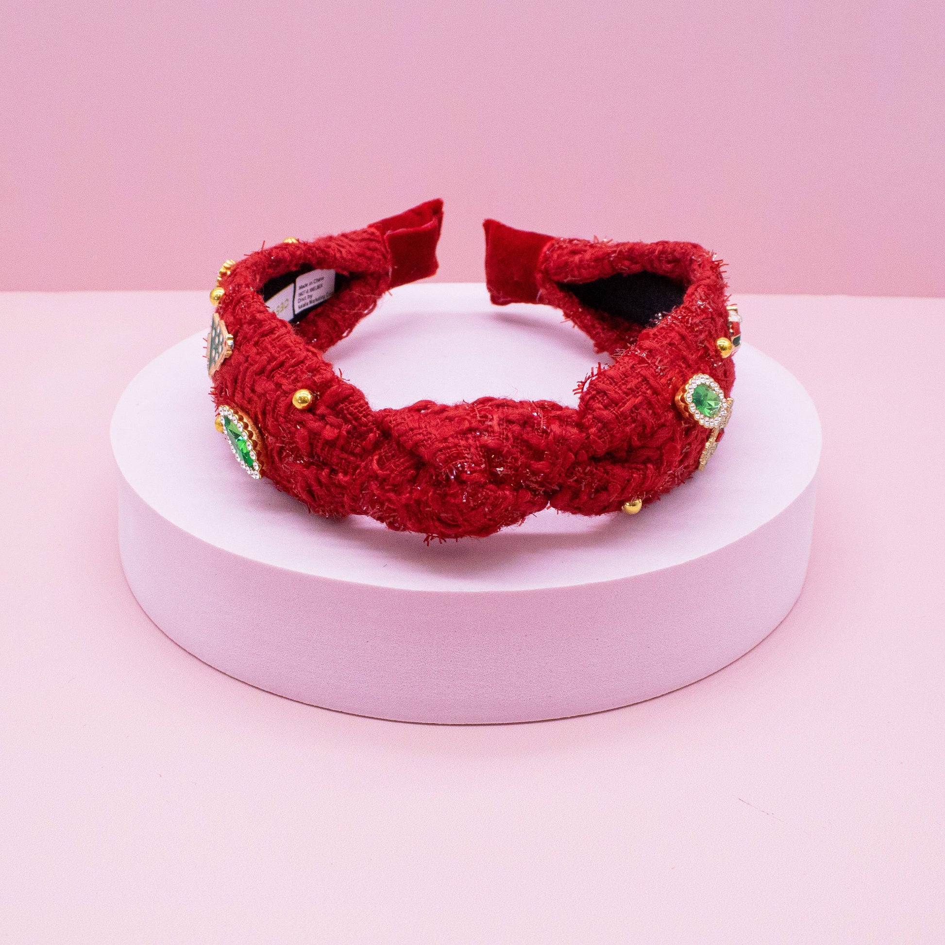 Christmas Knot Headband - Embellished Tweed Rhinestone Pearl