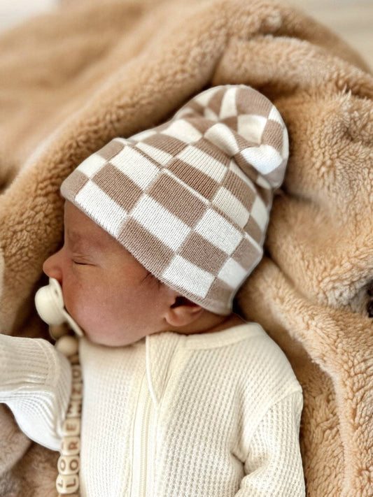 Baby's First Hat, Tan/Warm White Checkerboard