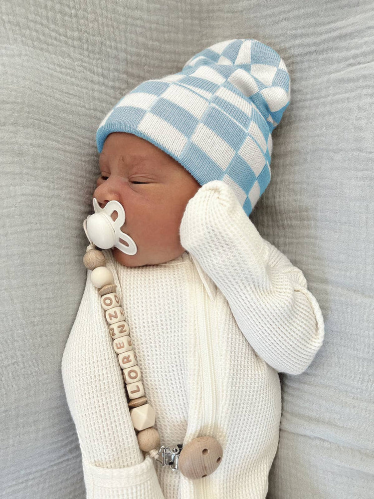 Baby's First Hat, Baby Blue/Warm White Checkerboard