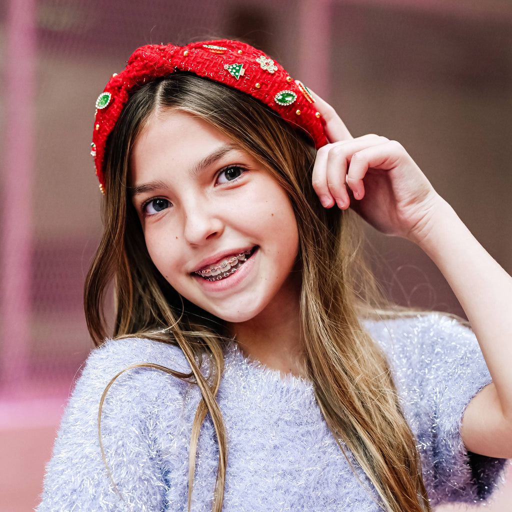 Christmas Knot Headband - Embellished Tweed Rhinestone Pearl