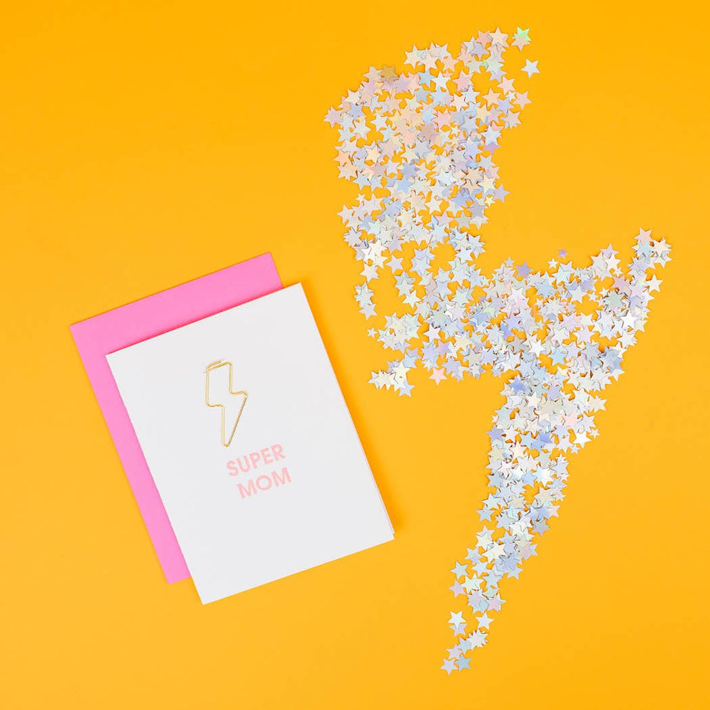 Super Mom - Lightning Bolt Letterpress Paper Clip Greeting Card  - Mother's Day