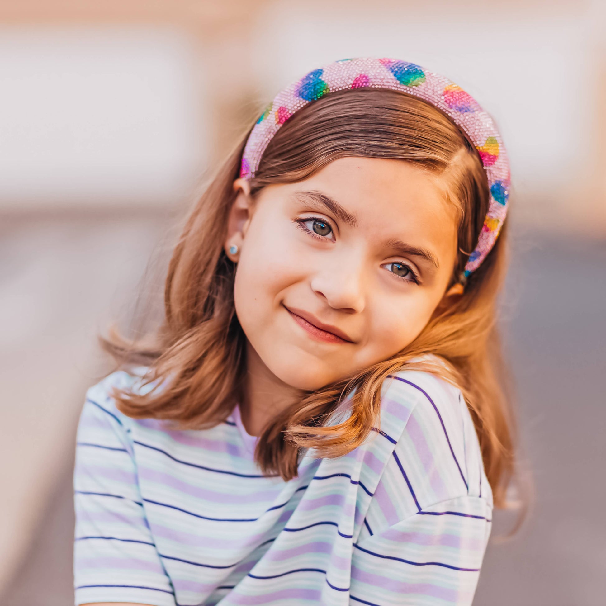 Kids Rhinestone Heart Headband | Pink with Rainbow Hearts