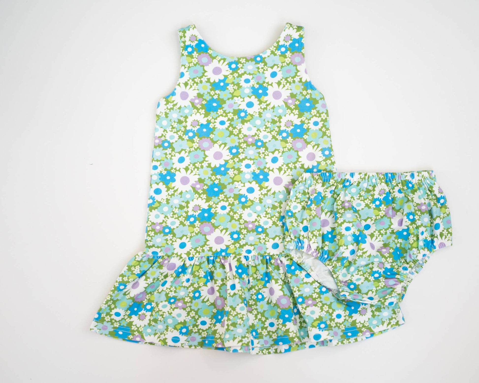 Blue + Green Flower Power Drop Waist Summer Dress for Girls