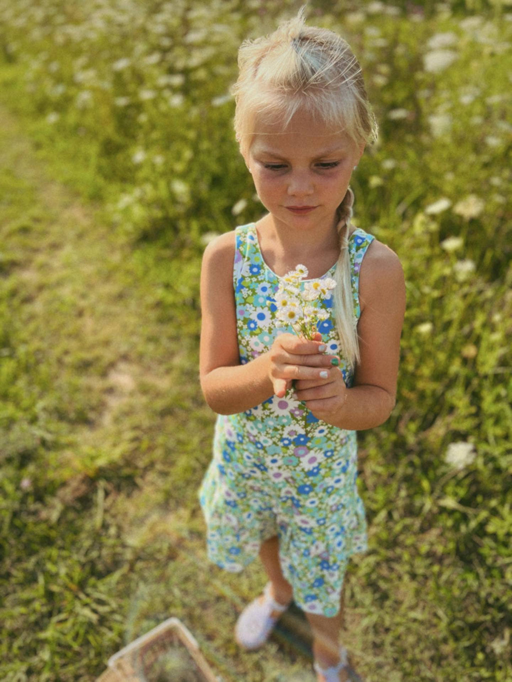 Blue + Green Flower Power Drop Waist Summer Dress for Girls