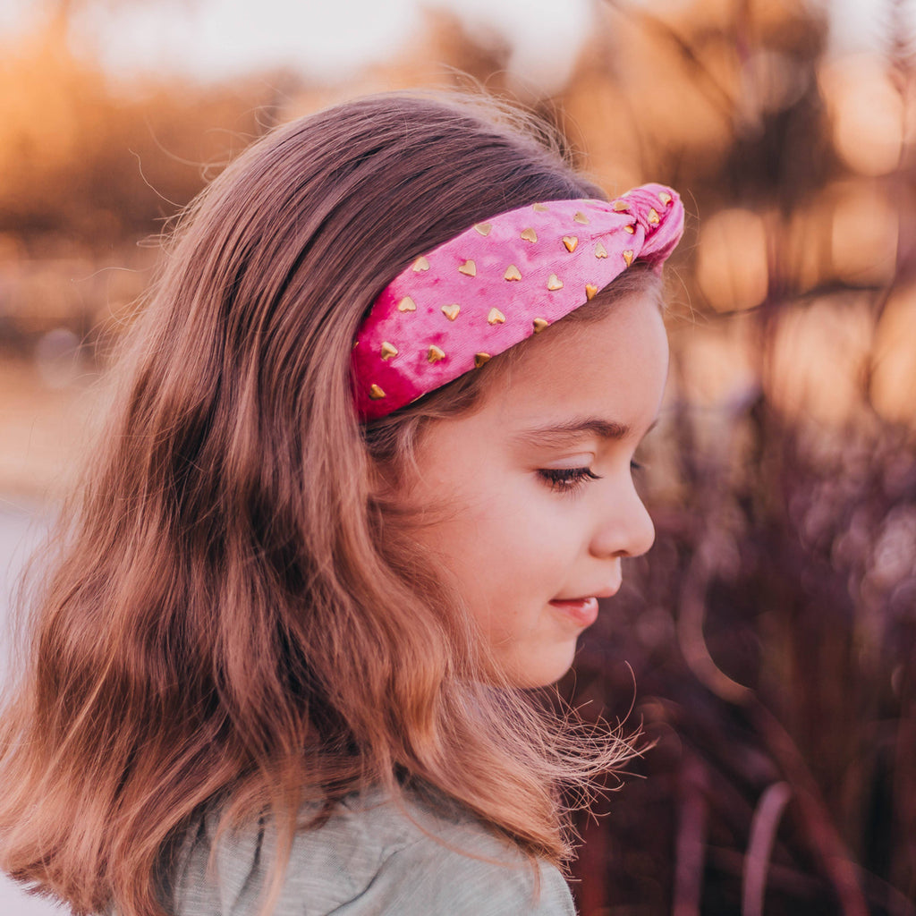 Kids Velvet Knot Headband | Pink with Gold Hearts