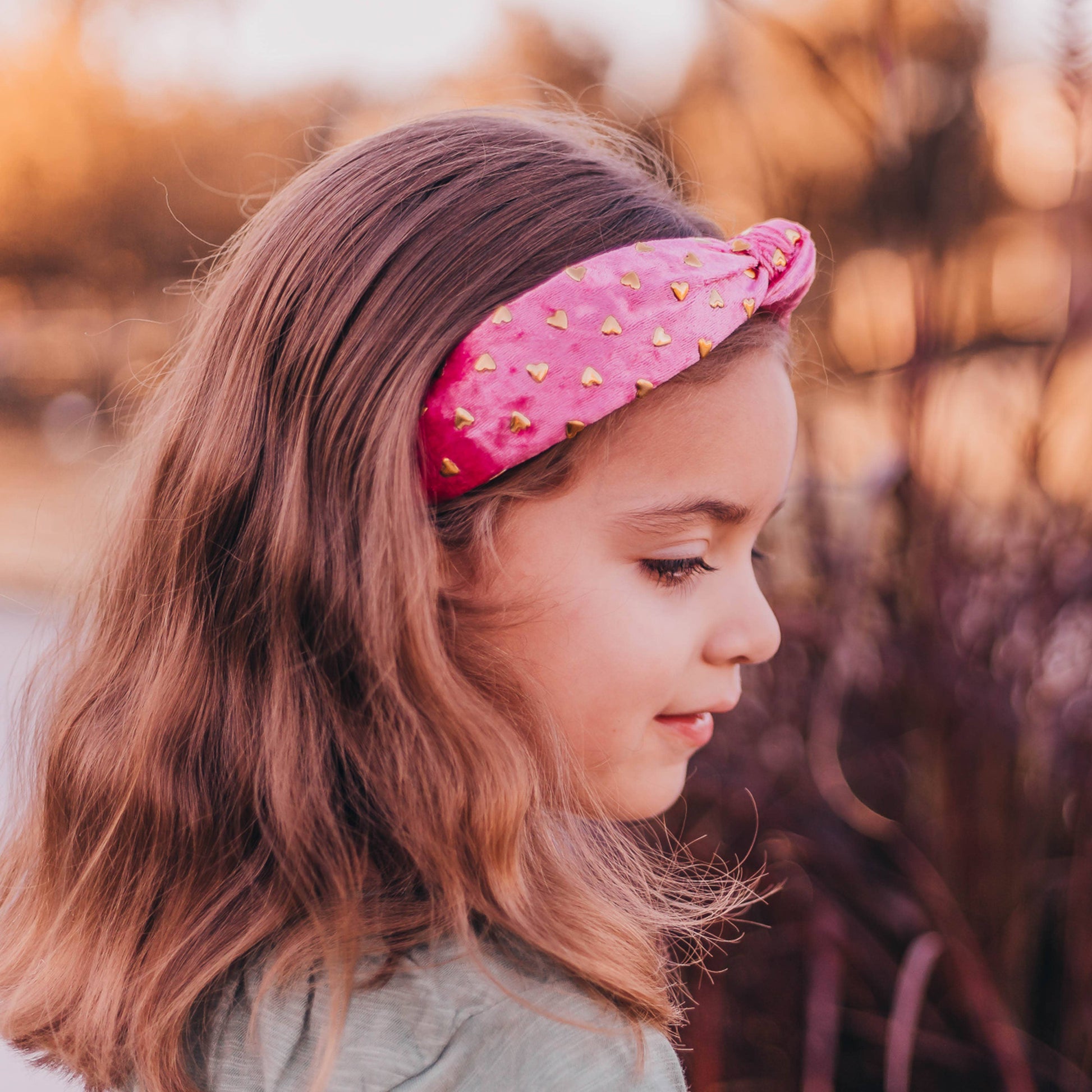 Kids Velvet Knot Headband | Pink with Gold Hearts