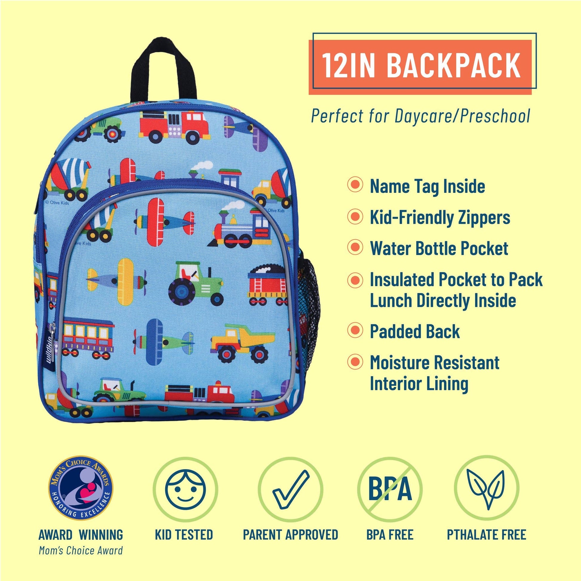 Trains Planes and Trucks Backpack - 12 Inch