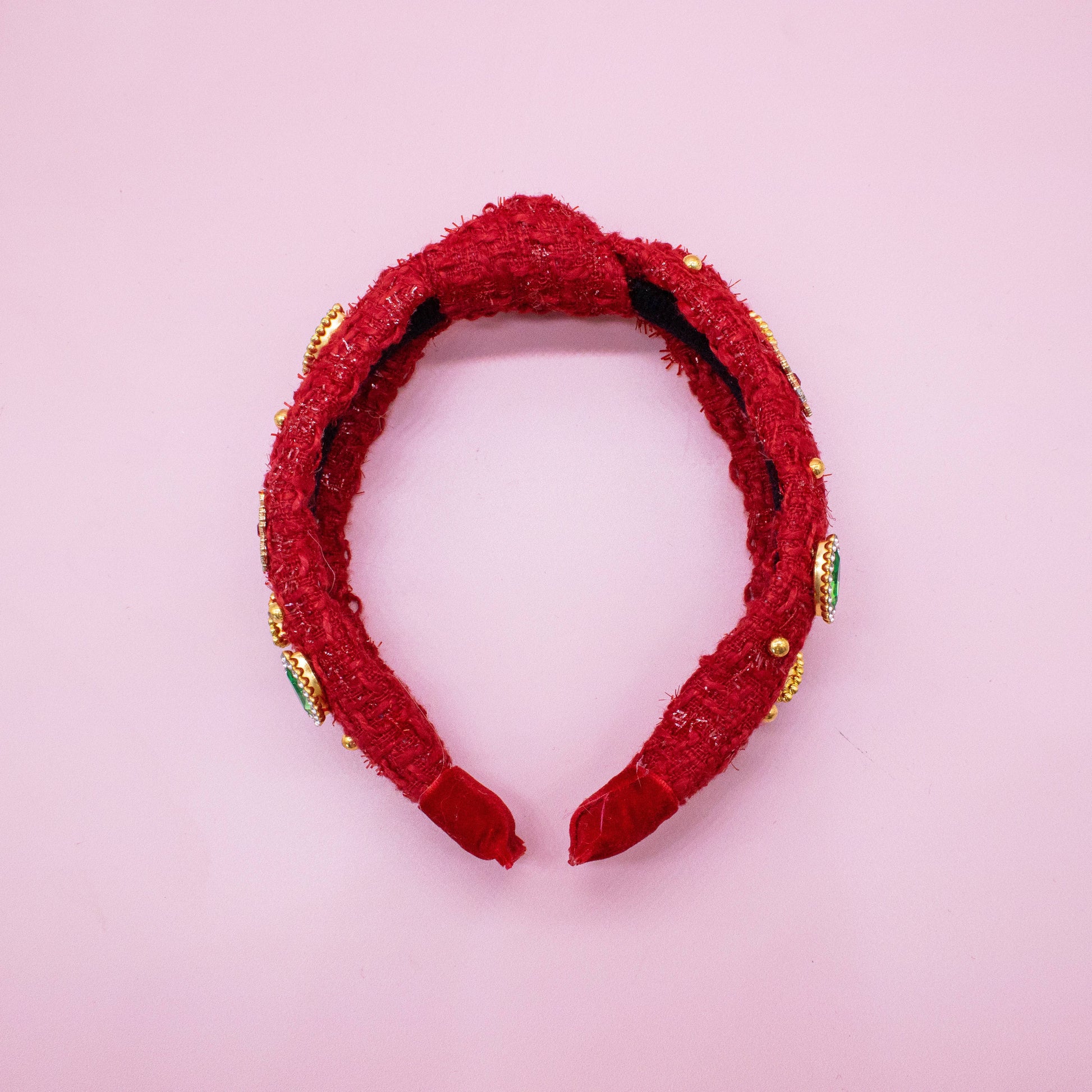 Christmas Knot Headband - Embellished Tweed Rhinestone Pearl