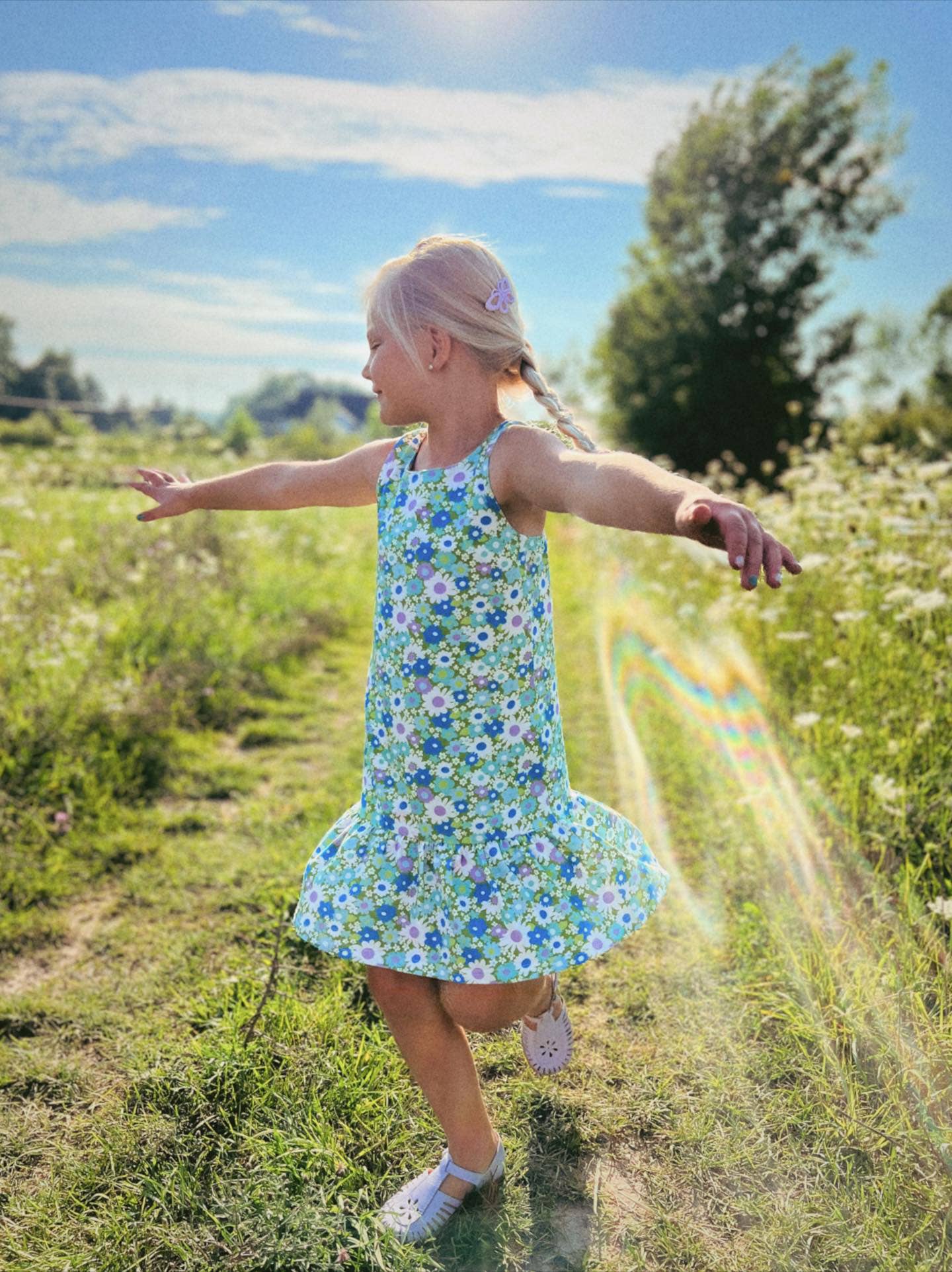 Blue + Green Flower Power Drop Waist Summer Dress for Girls