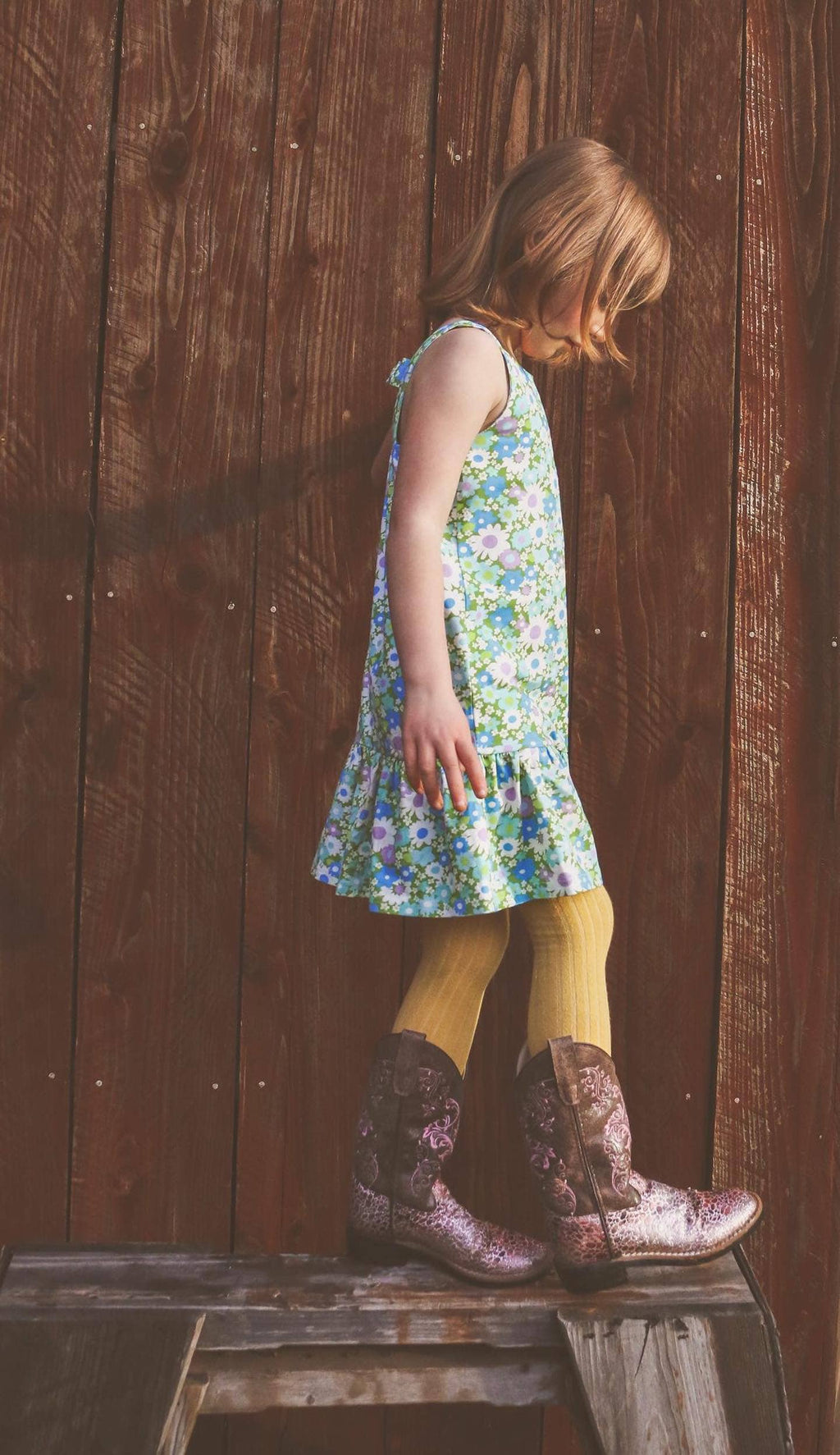 Blue + Green Flower Power Drop Waist Summer Dress for Girls