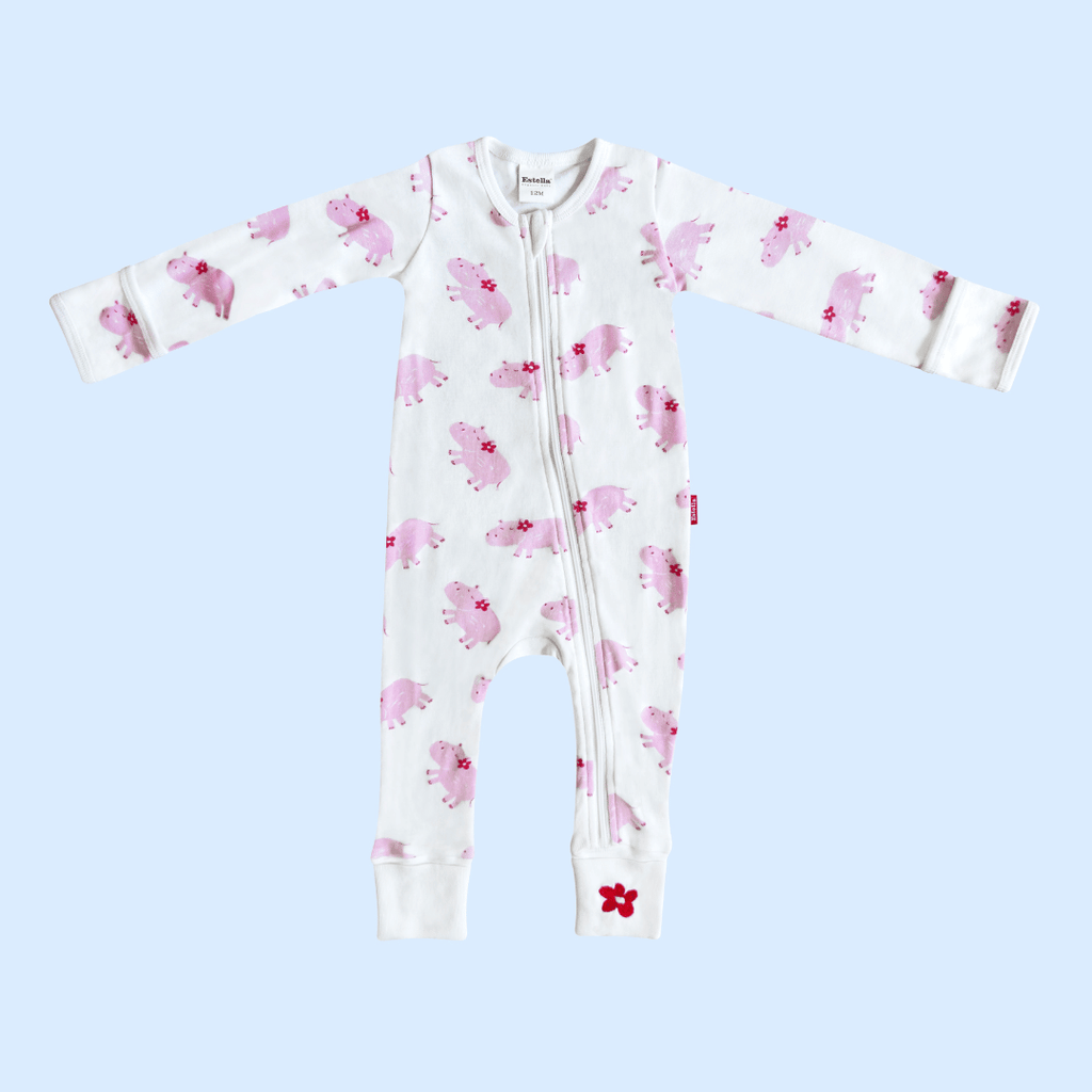 Pink Hippo Organic Baby Zip Romper – Foldover Cuffs by Estella