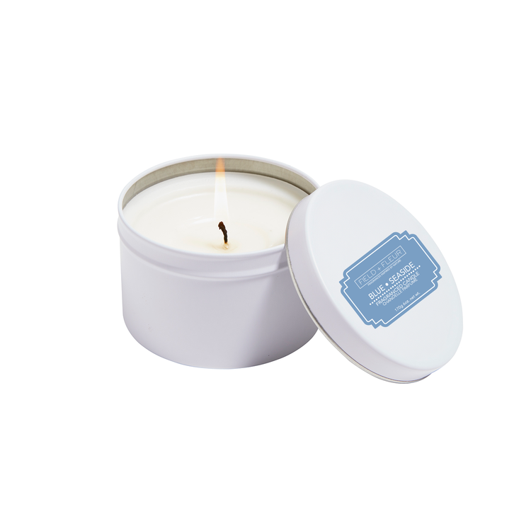 Blue Seaside Candle In White Tin 6oz.