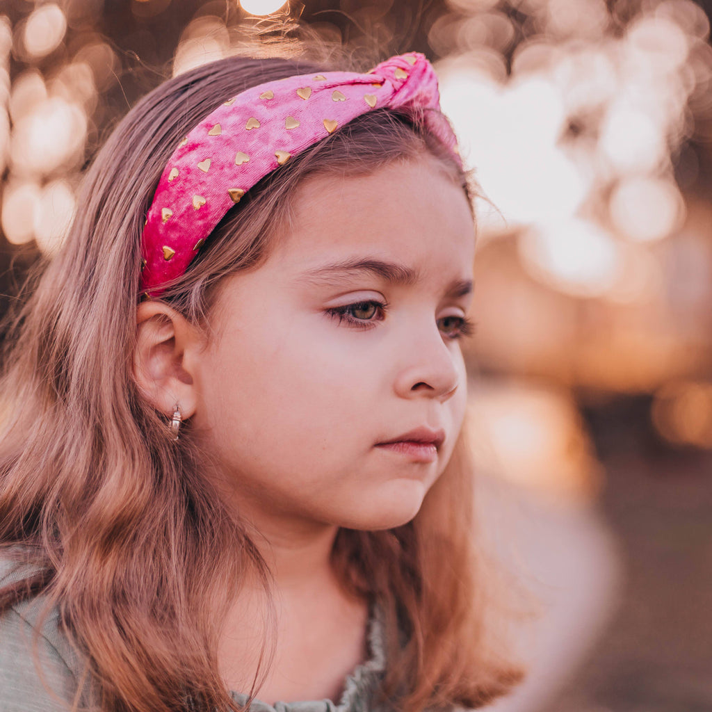 Kids Velvet Knot Headband | Pink with Gold Hearts