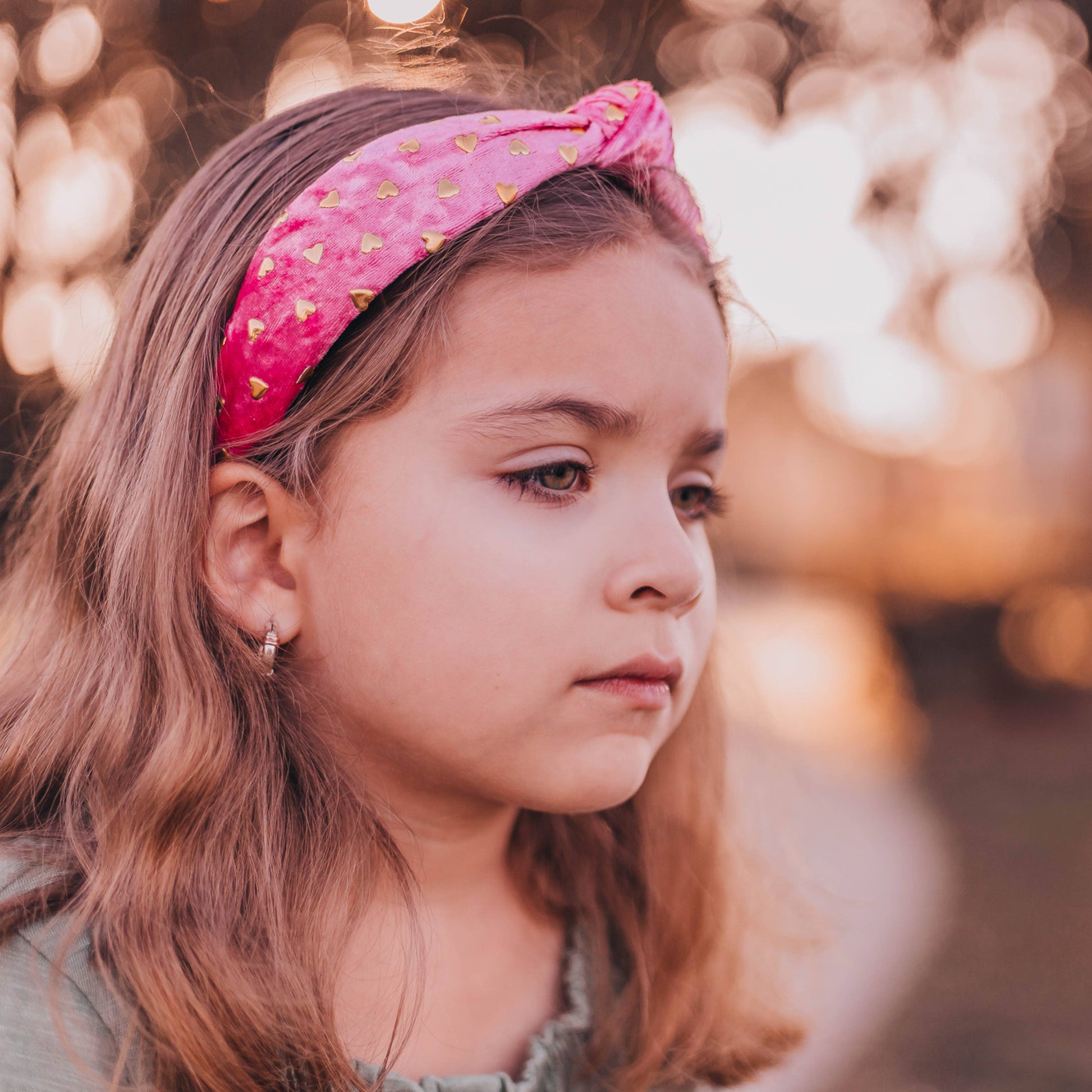 Kids Velvet Knot Headband | Pink with Gold Hearts