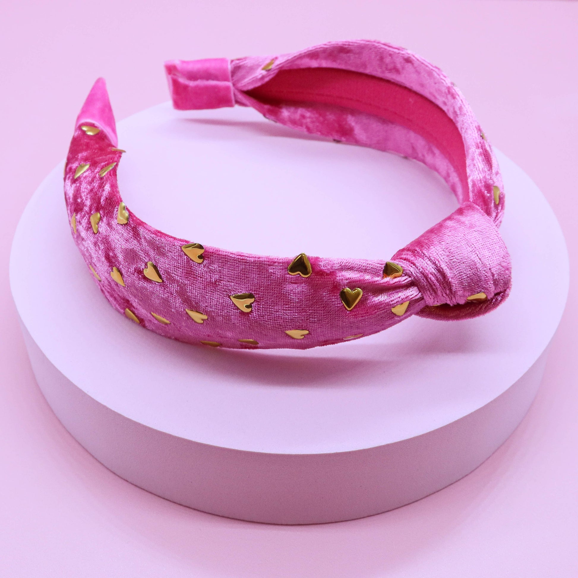 Kids Velvet Knot Headband | Pink with Gold Hearts